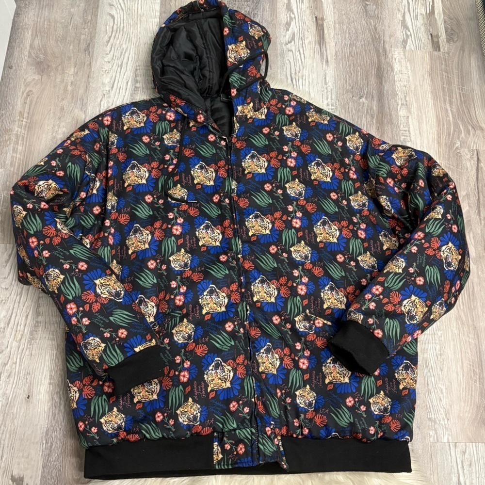 A$$holes live forever hooded bomber jacket tropical tiger floral print coat xxl - Picture 2 of 6